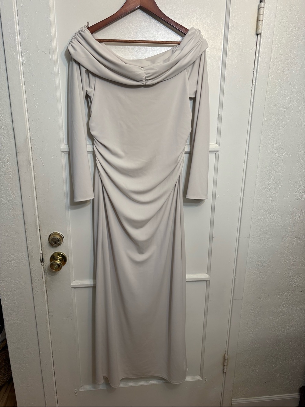 BHLDN Off-Shoulder Bell-Sleeve Stretch Jersey Maxi Dress off white